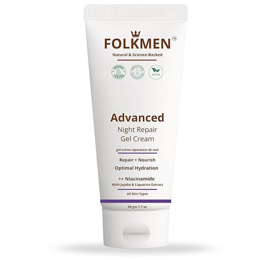 FolkMen Advanced Night Repair Gel Cream For Men | Anti-aging, Reduces Dark Spots, Brightens skin | Niacinamide, Liquorice Extract & Jojoba |For Normal, Combination and Oily Skin Types, 50 gm