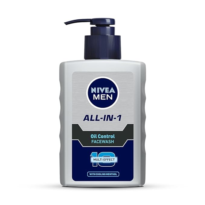 NIVEA Men All In One with Cooling Menthol, Fight Acne & Pimple, 10 Multi Effect with Pump Face Wash (150 ml)