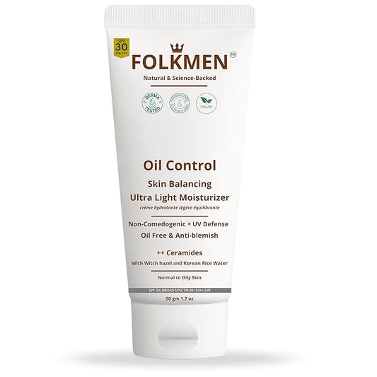 FolkMen Oil Control Ultra Light Moisturizer For Men| Prevents Dark Spots & Blemishes|Oily & Acne-Prone Skin|Rice Water & Ceramides|SPF 30 PA+++|Oil-free|Fast Absorbing|50 gm