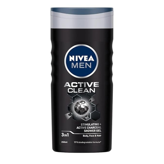 NIVEA Men Body Wash, Active Clean with Active Charcoal, Shower Gel for Body, Face & Hair, 250 ml