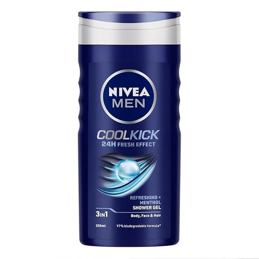 NIVEA Men Body Wash, Cool Kick with Refreshing Icy Menthol, Shower Gel for Body, Face & Hair, 250 ml
